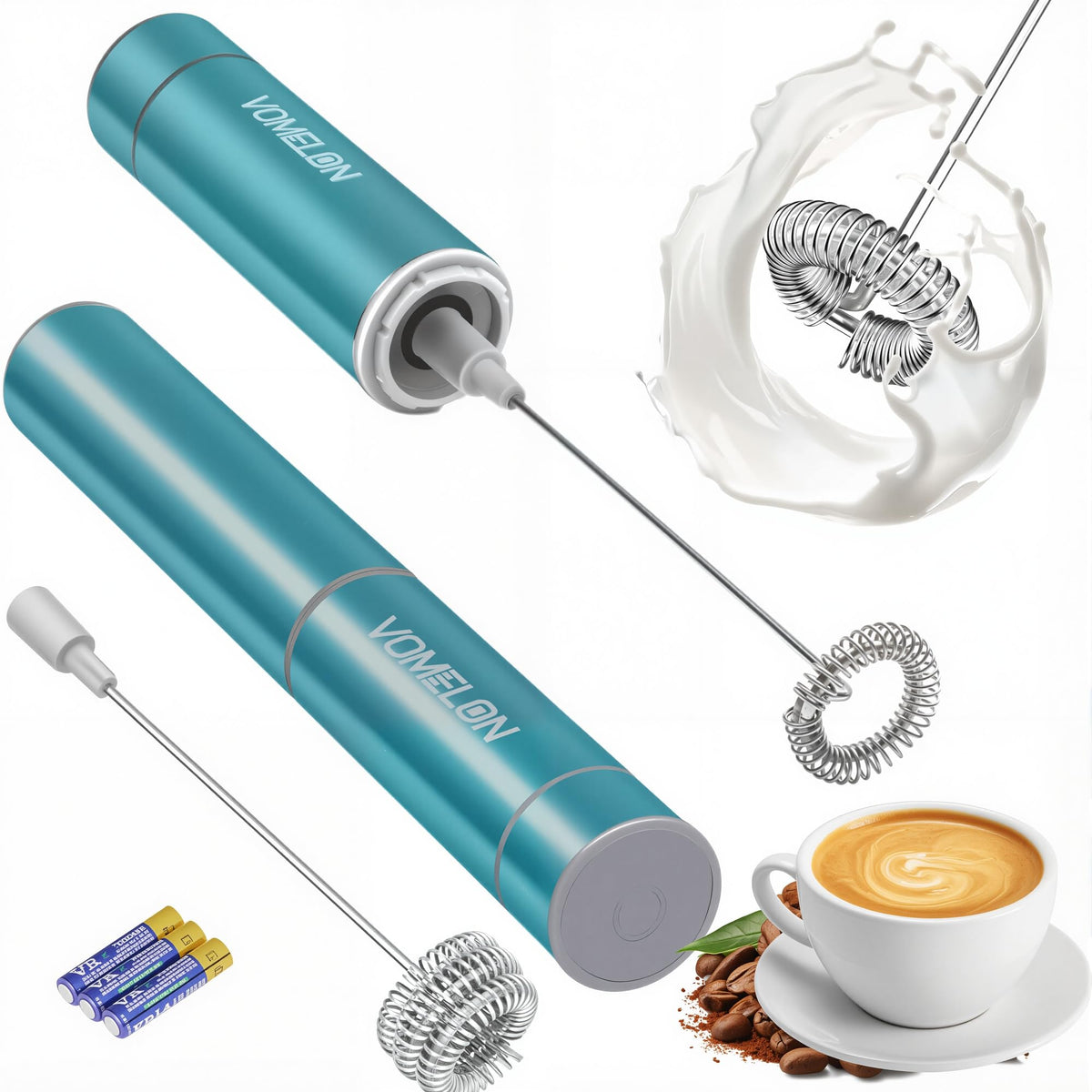 Milk Frother Handheld, Battery Operated Travel Coffee Frother Milk Foamer Drink Mixer with 2 Stainless Steel Whisks for Hot Chocolate, Batteries Included, Silver