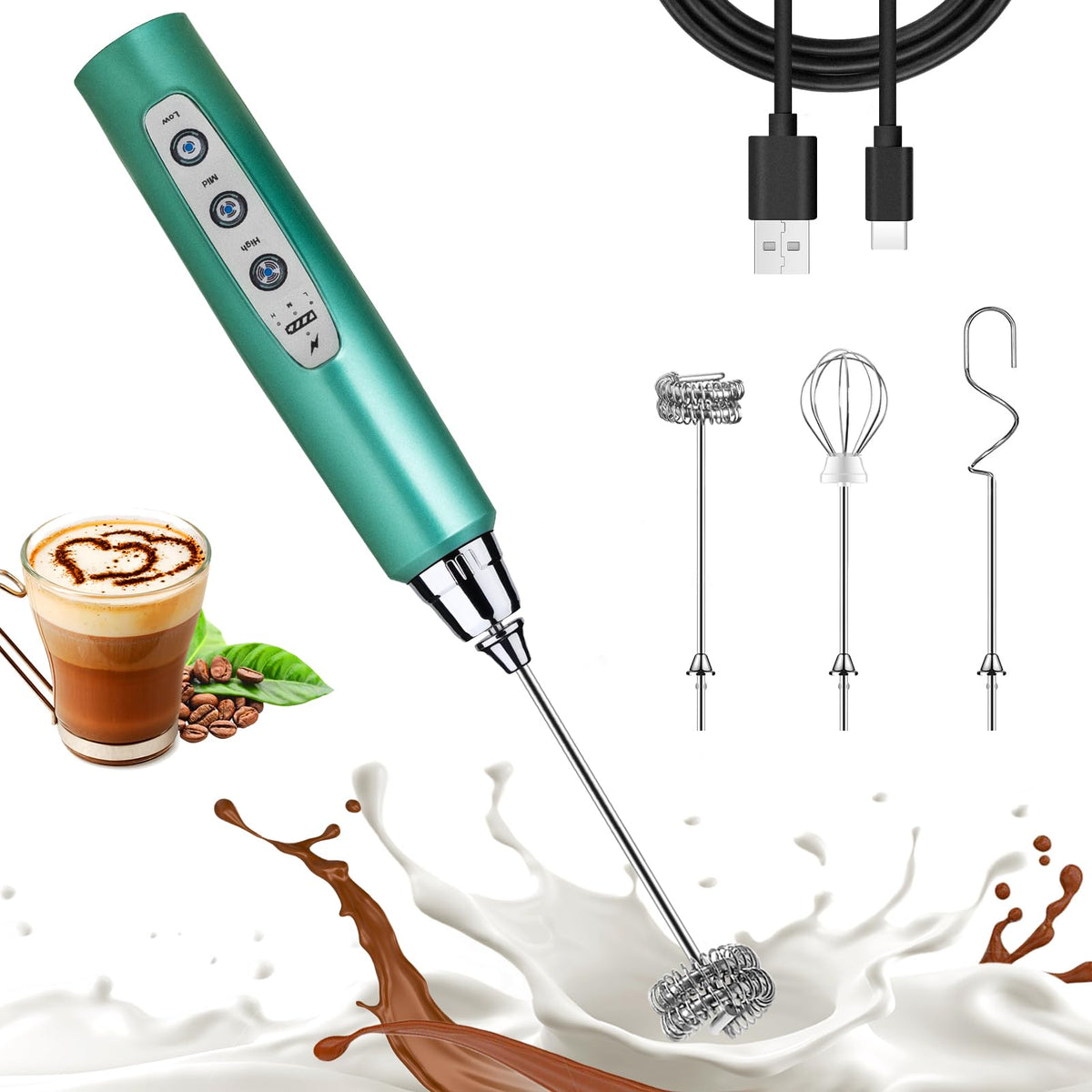 Nahida Black Milk Frother Wand for Coffee, Frother Handheld Rechargeable Electric Whisk Drink Mixer with 3 Heads 3 Speeds Coffee Frother Electric Stirrer For Latte, Cappuccino, Hot Chocolate