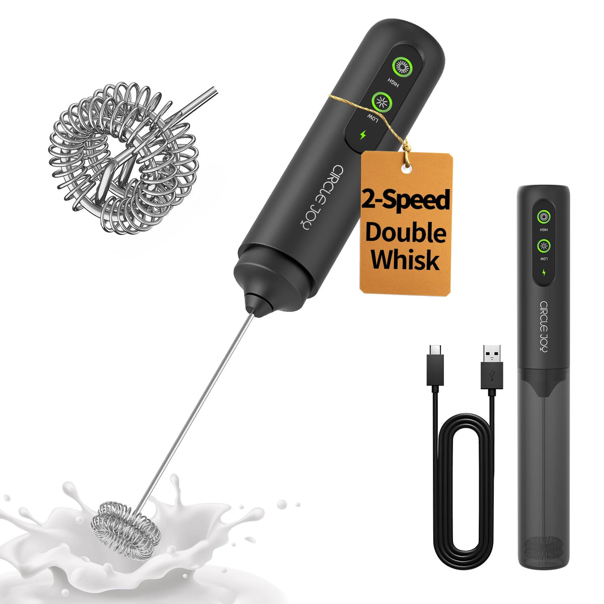 CIRCLE JOY Rechargeable 2-Speed Handheld Milk Frother with Stand, Dual Spring Whisk Electric Foamer, Portable & Detachable Coffee Frother Wand, Drink Mixer for Lattes, Macchiato, Hot Chocolate, Silver