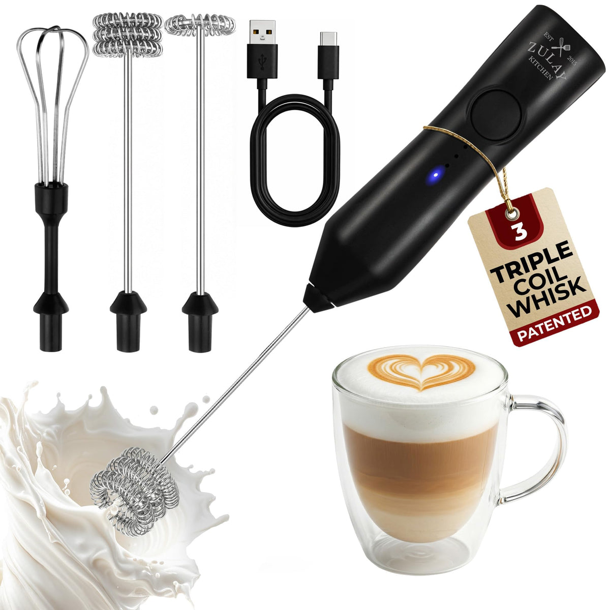 Zulay Kitchen Milk Frother Handheld Electric Whisk – Frother Wand, Durable Drink Mixer, Coffee Frother, Hand Blender, Frother for Protein Powder, Matcha & More - Black