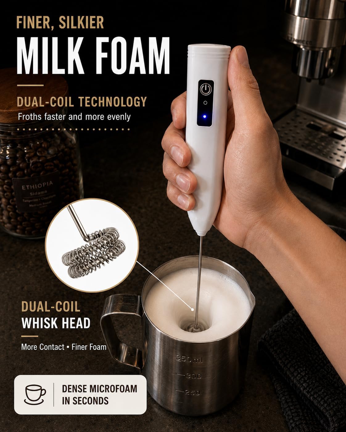 Electric Coffee Frother Handheld, USB Rechargeable Coffee Mixer Wand