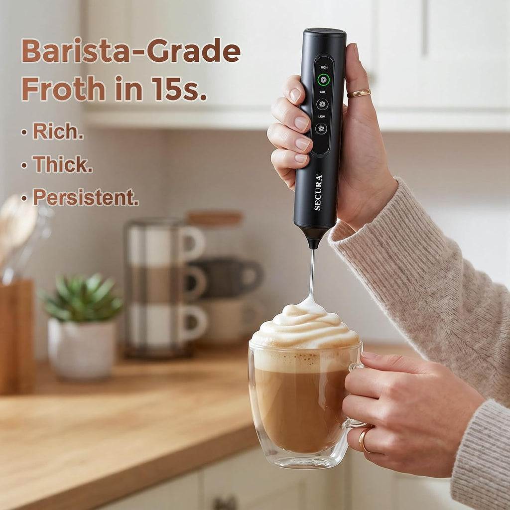 Secura Rechargeable Handheld Milk Frother with 3 Speeds, 3 Whisks and Case