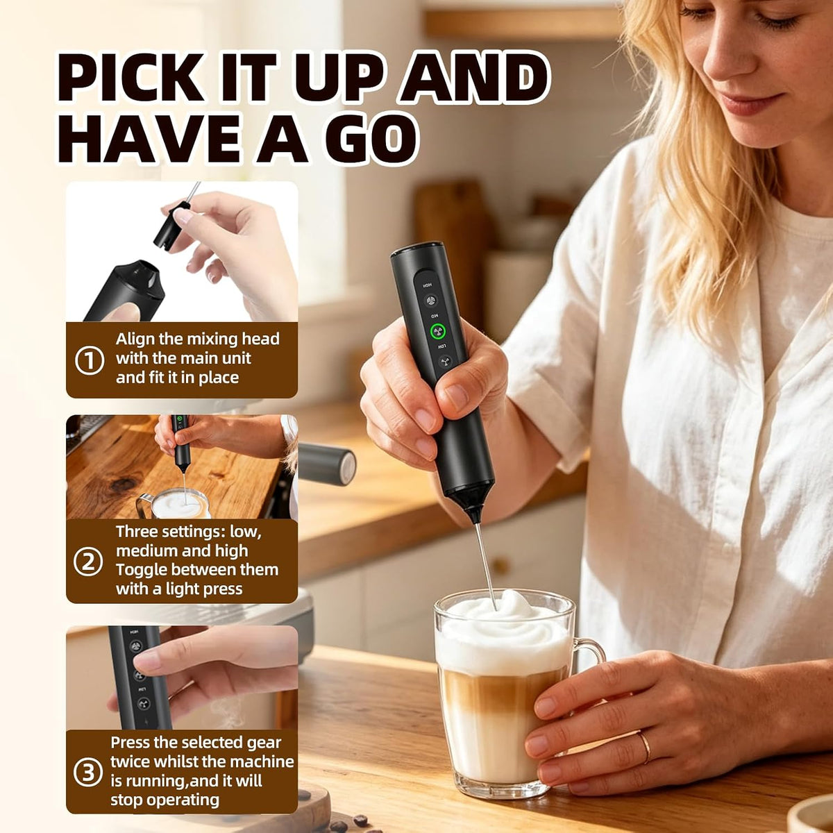 Electric Milk Frother, Handheld Rechargeable Frother with 3 Speed Settings and Storage Case (Black)
