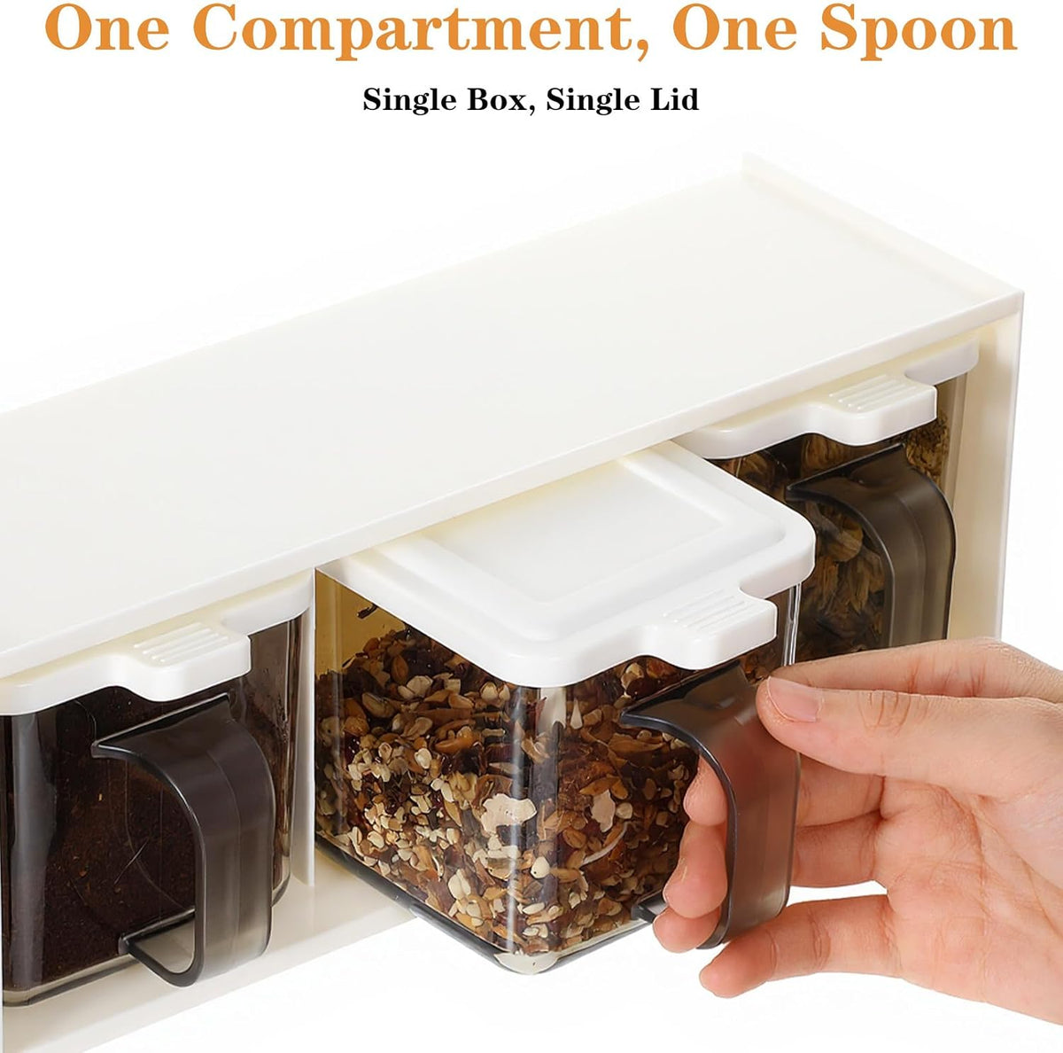 2 Pack 3 Grids Clear Seasoning Box with Handle and Spoon, Stackable Seasoning Storage Container Rack Combo Set with Removable Cruet Jars for Spice Salt Sugar, Pepper