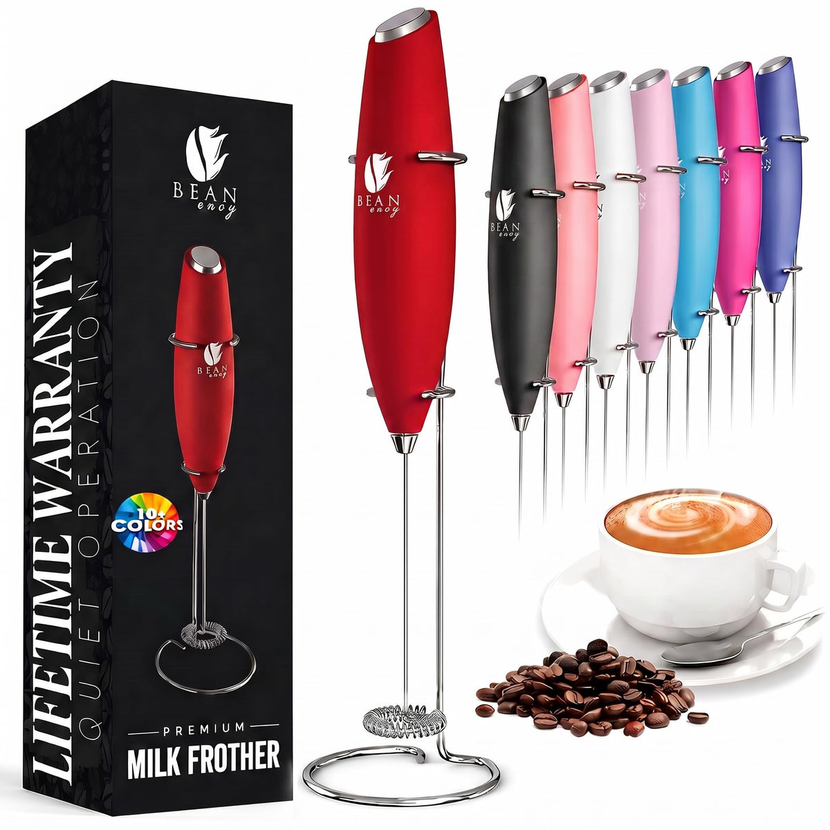 Bean Envy Milk Frother Handheld - Coffee Mixer Wand with Stand - Black