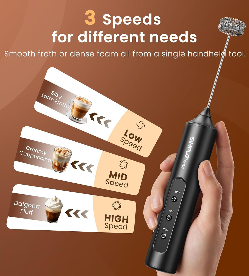 SIMPLETASTE Rechargeable Handheld Milk Frother Wand with Stand