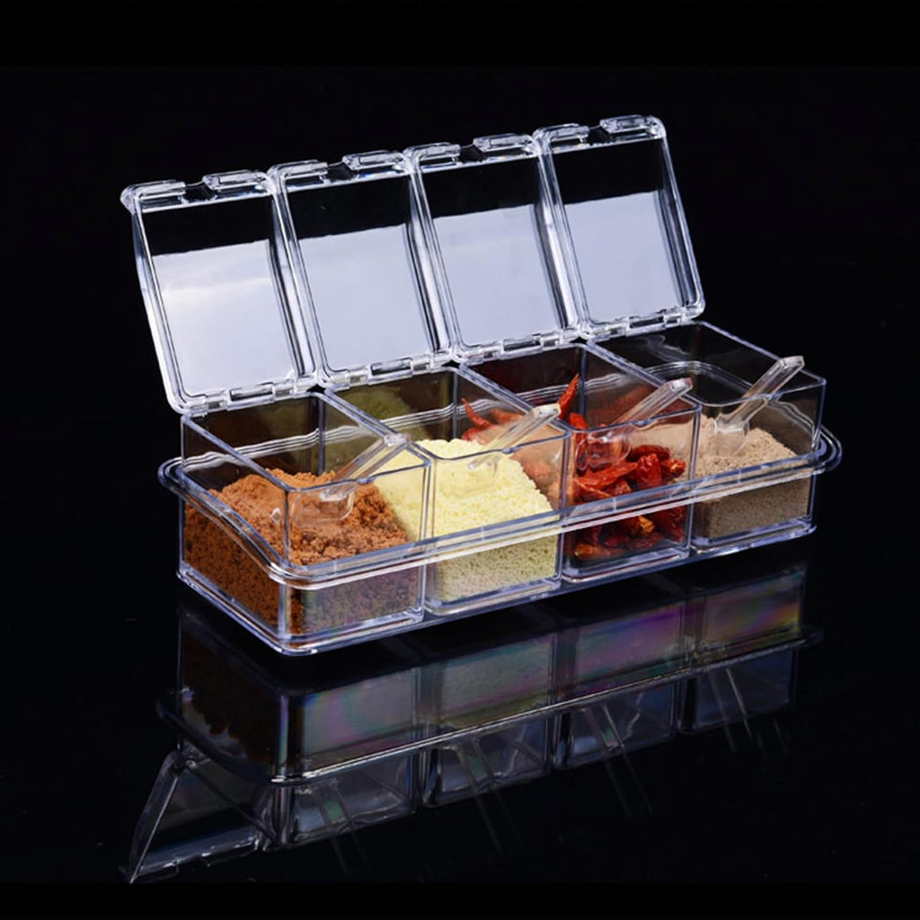 4-Cell Clear Seasoning Rack Spice Box Storage Container Condiment Jars Acrylic Seasoning Box with Cover and Spoon
