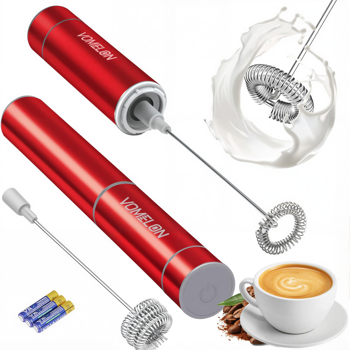 Milk Frother Handheld, Battery Operated Travel Coffee Frother Milk Foamer Drink Mixer with 2 Stainless Steel Whisks for Hot Chocolate, Batteries Included, Silver