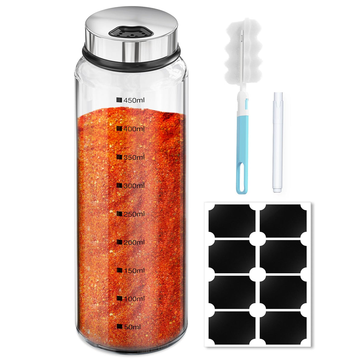 Segarty Spice Jars, 3 Pack 3 oz Spice Bottles with Shaker Lids, Glass Empty Seasoning Containers with Adjustable Pour Holes for Kitchen Spice Storage Stainless Steel Flow Top Salt and Pepper Shakers