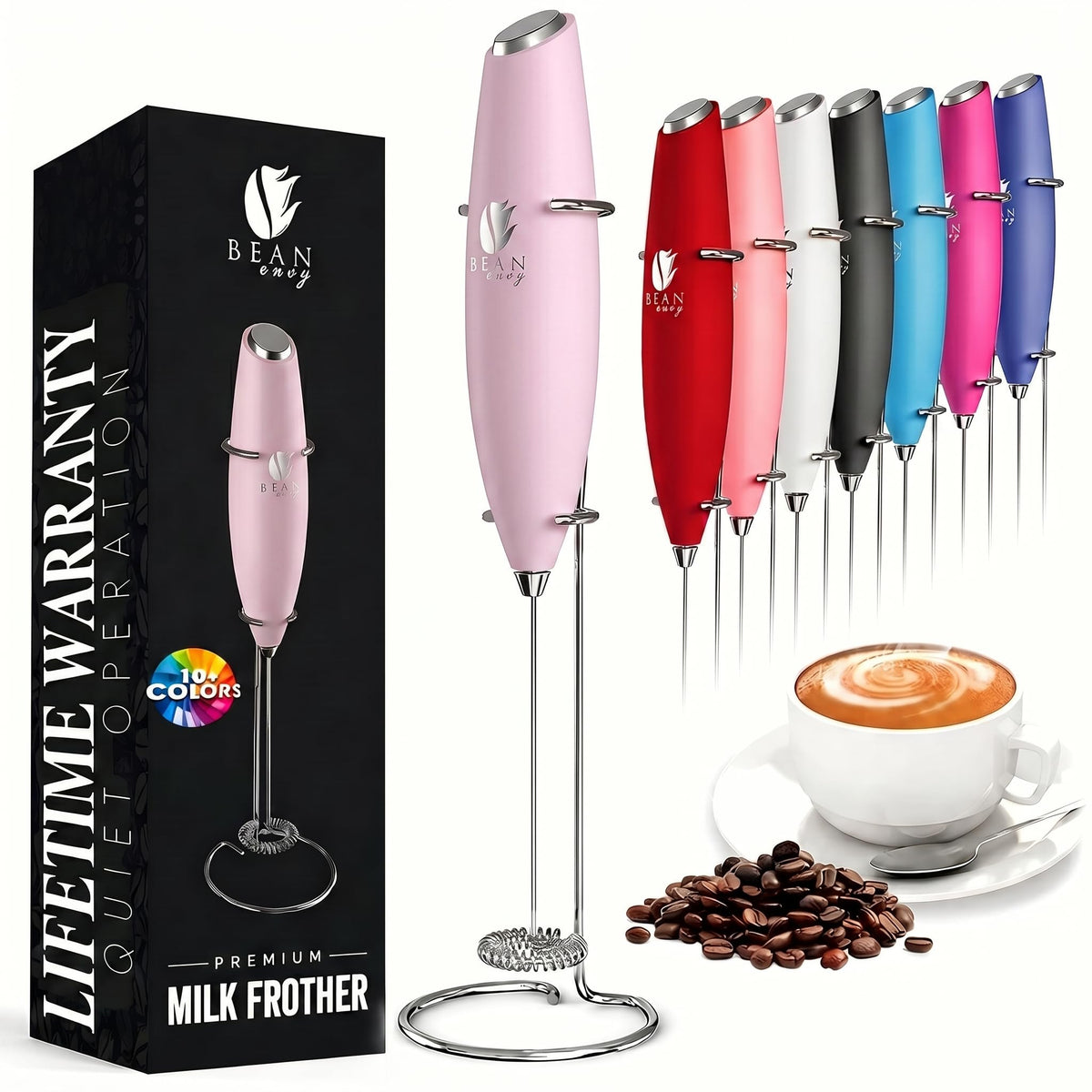Bean Envy Milk Frother Handheld - Coffee Mixer Wand with Stand - Black