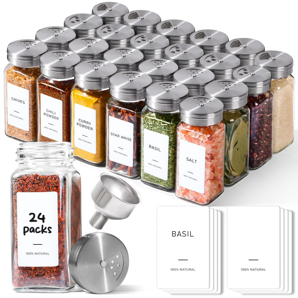 ComSaf Glass Spice Jars with with Labels 4 oz 24 Pack Small Square Bulk Set