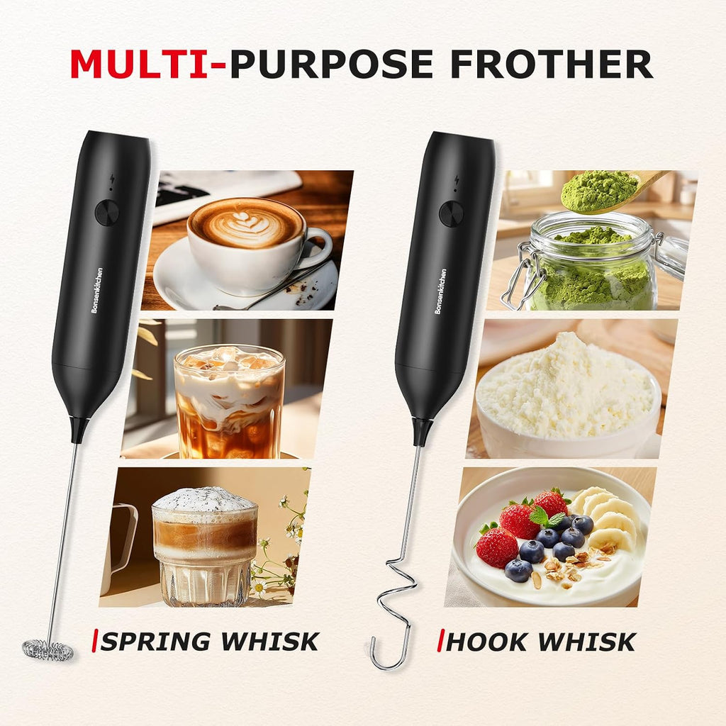 Bonsenkitchen Rechargeable Milk Frother Handheld, Charging USB-C