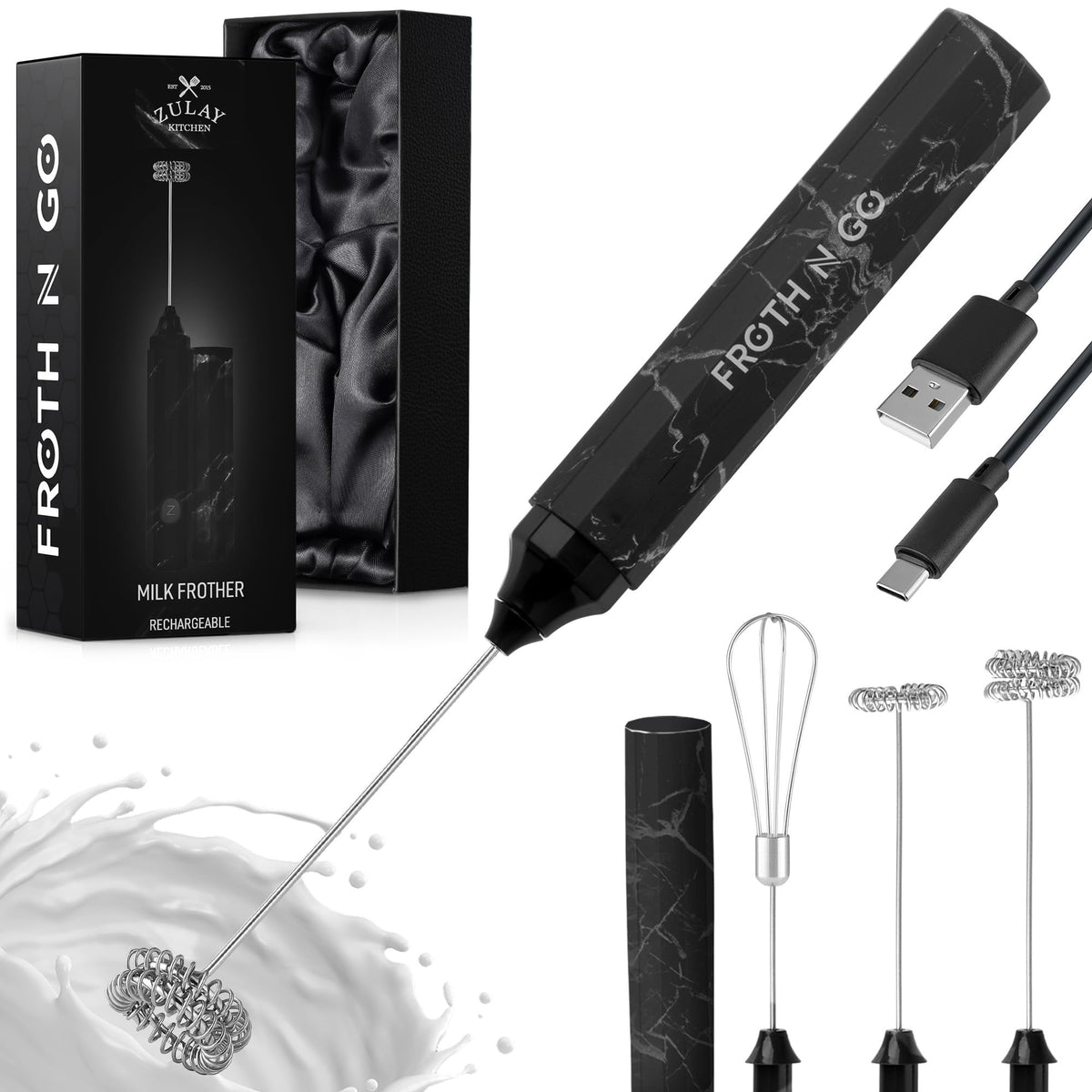 Zulay Rechargeable Milk Frother – 3-in-1 Handheld Frother Wand with Travel Case & USB-C Charger – Single, Double & Egg Whisk for Latte, Cappuccino, Matcha, Protein Shakes - Froth N Go Deep Black