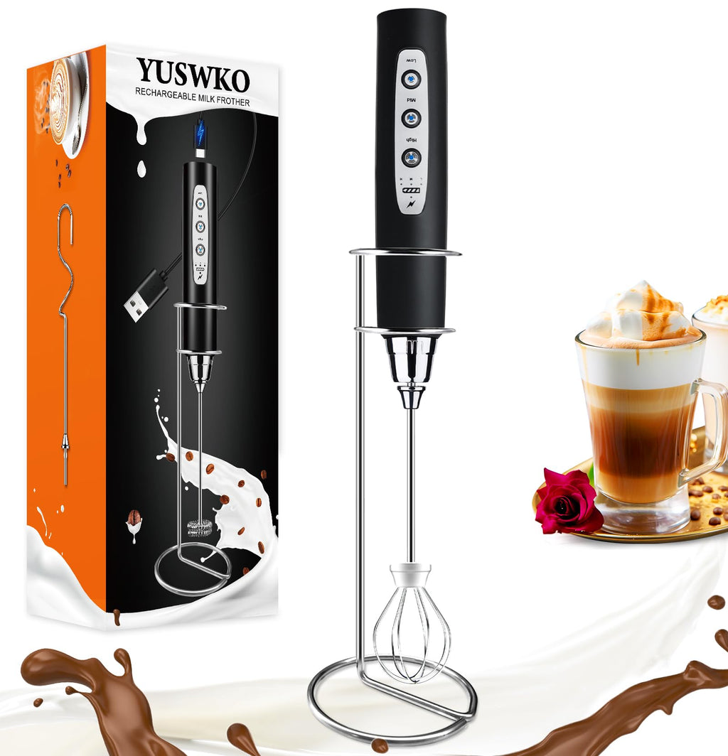 YUSWKO Handheld Milk Frother Wand for Coffee, Rechargeable Electric Whisk