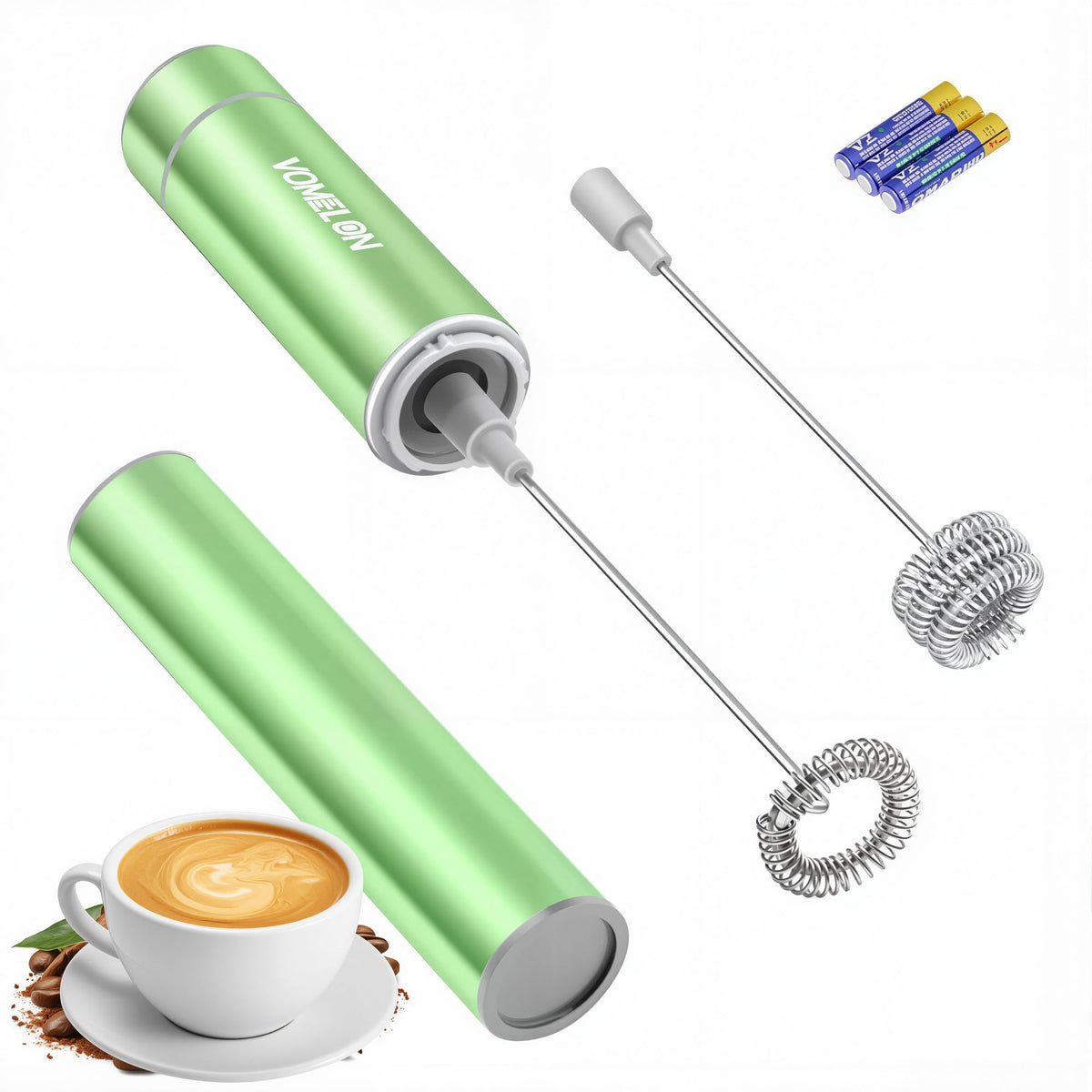 Milk Frother Handheld, Battery Operated Travel Coffee Frother Milk Foamer Drink Mixer with 2 Stainless Steel Whisks for Hot Chocolate, Batteries Included, Silver