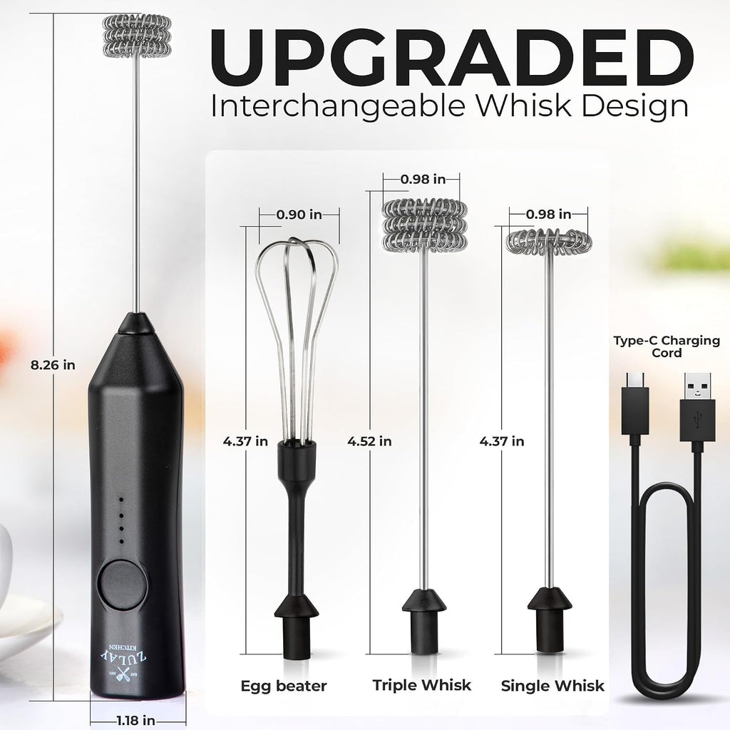 Zulay Kitchen Rechargeable Milk Frother Handheld - Frother Wand, Drink Mixer, Electric Whisk Frother, for Cappuccinos, Matcha & Protein Powder - Dynamic 3 Whisk, 3 Speed 500mAh Black