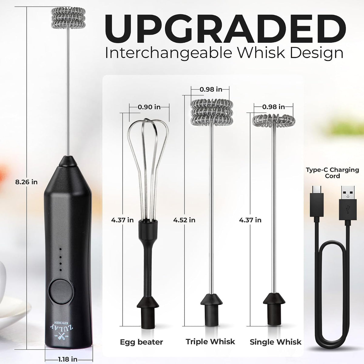 Zulay Kitchen Rechargeable Milk Frother Handheld - Frother Wand, Drink Mixer, Electric Whisk Frother, for Cappuccinos, Matcha & Protein Powder - Dynamic 3 Whisk, 3 Speed 500mAh Black