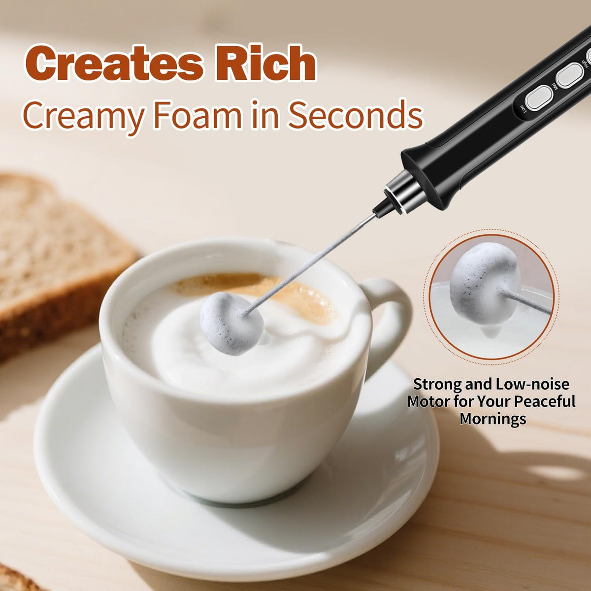 Rechargeable Milk Frother Handheld 3 Speed Adjustable with 3 Detachable Stainless Whisks, Handheld Coffee Frother, Drink Mixer for Coffee, Matcha, Protein Shakes, with Charging Base and Whisk Storage