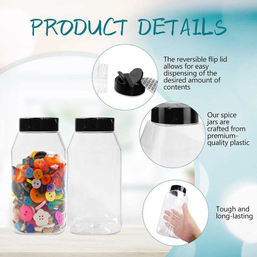 34 Pack 16 oz Plastic Spice Jars with Cap Clear Empty Square Bottle With flip lid Reusable Spice Bottle Large Seasoning Jars Powder Storage Container for Storing Seasoning Powders Supplies