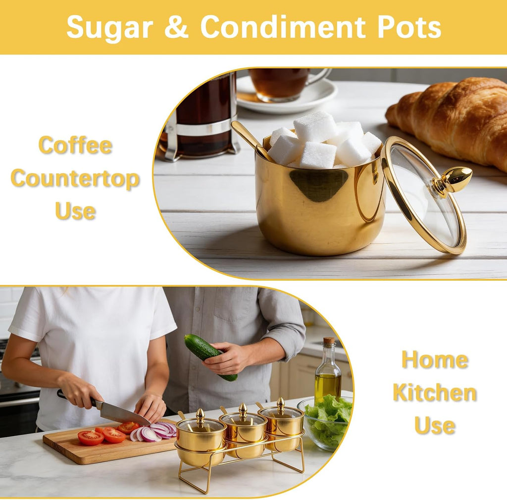 3 Pcs Gold Coffee and Sugar Dispenser with Storage Rack - Stainless Steel Gold Sugar Container Condiment Dispenser with Glass Lid and Spoon for Home Kitchen for Salt, Coffee Bean