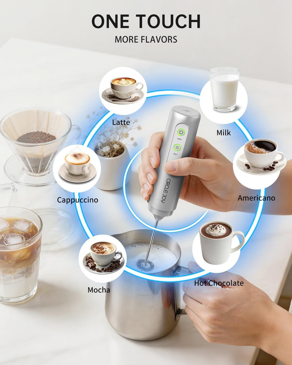 CIRCLE JOY Rechargeable 2-Speed Handheld Milk Frother with Stand, Dual Spring Whisk Electric Foamer, Portable & Detachable Coffee Frother Wand, Drink Mixer for Lattes, Macchiato, Hot Chocolate, Silver