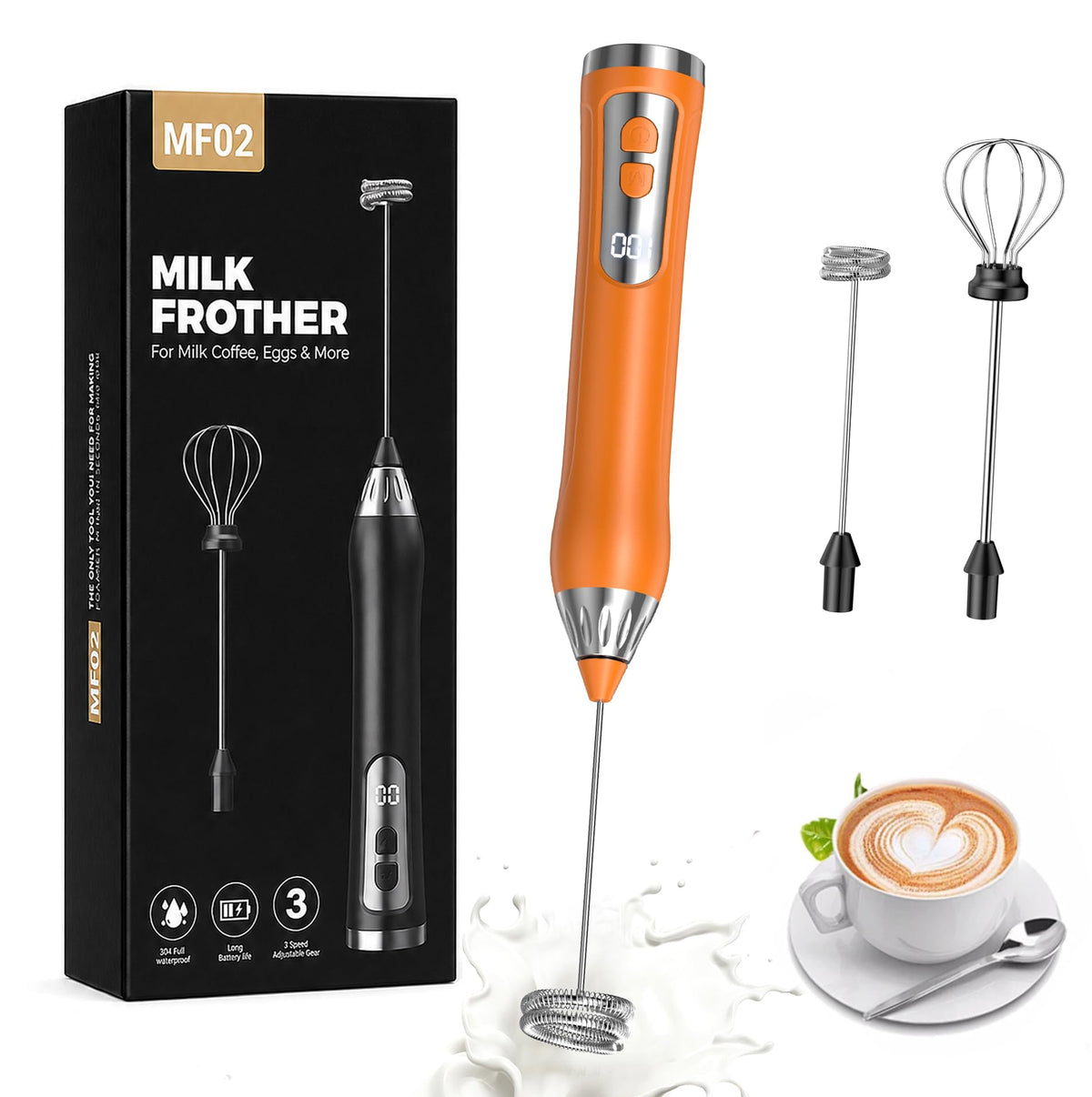 Rechargeable Milk Frother Handheld, IP67 Waterproof Coffee Frother with Digital Battery Display, 3-Speed Electric Milk Frother for Coffee, Latte, Cappuccino, Matcha, Protein Shakes & Eggs (Green)