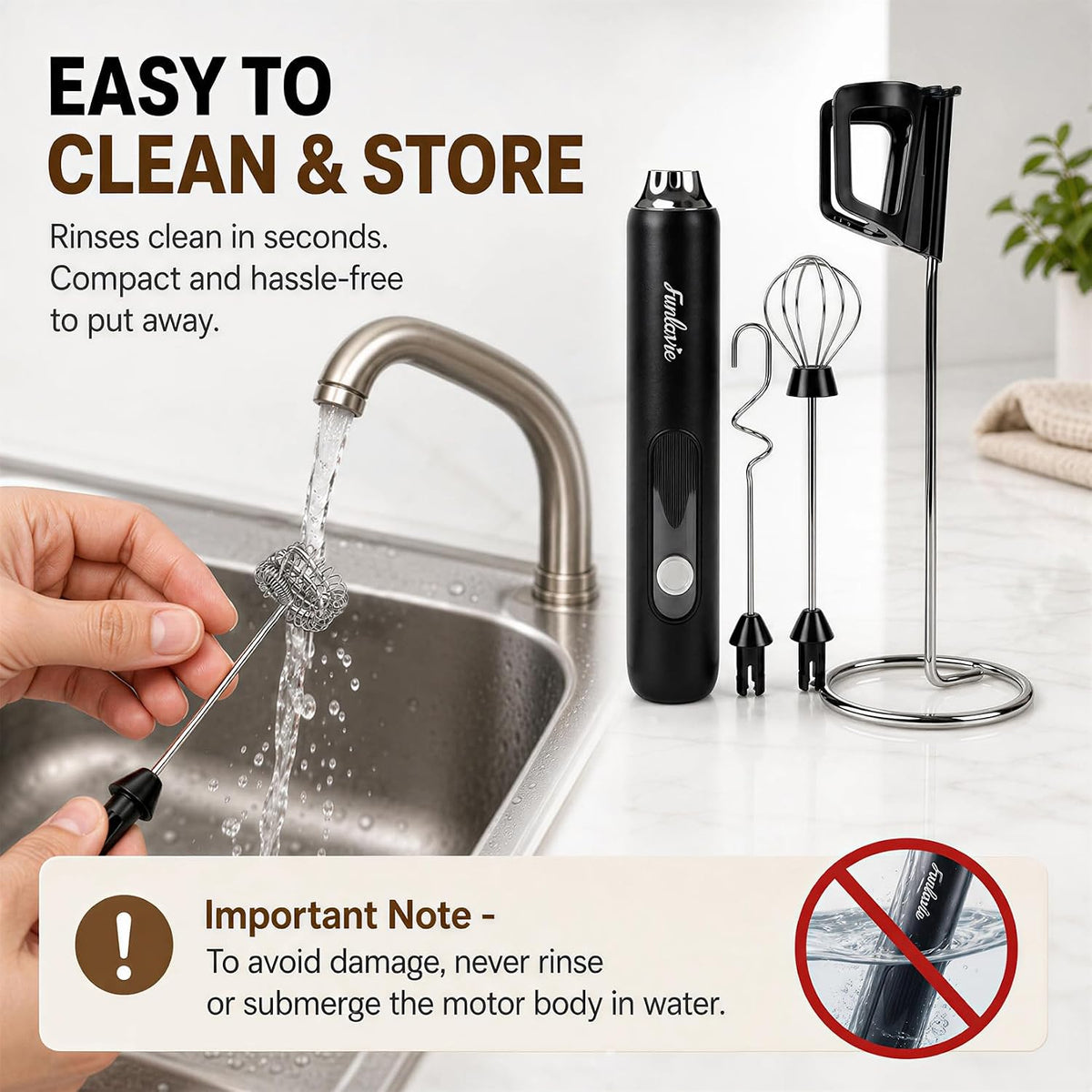 Rechargeable Handheld Milk Frother Wand with 3 Detachable Heads