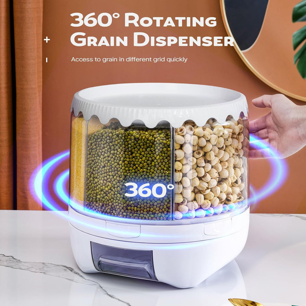 Grain Dispenser, 360° Rotating Grain Storage, 6 Grid Food Dispenser