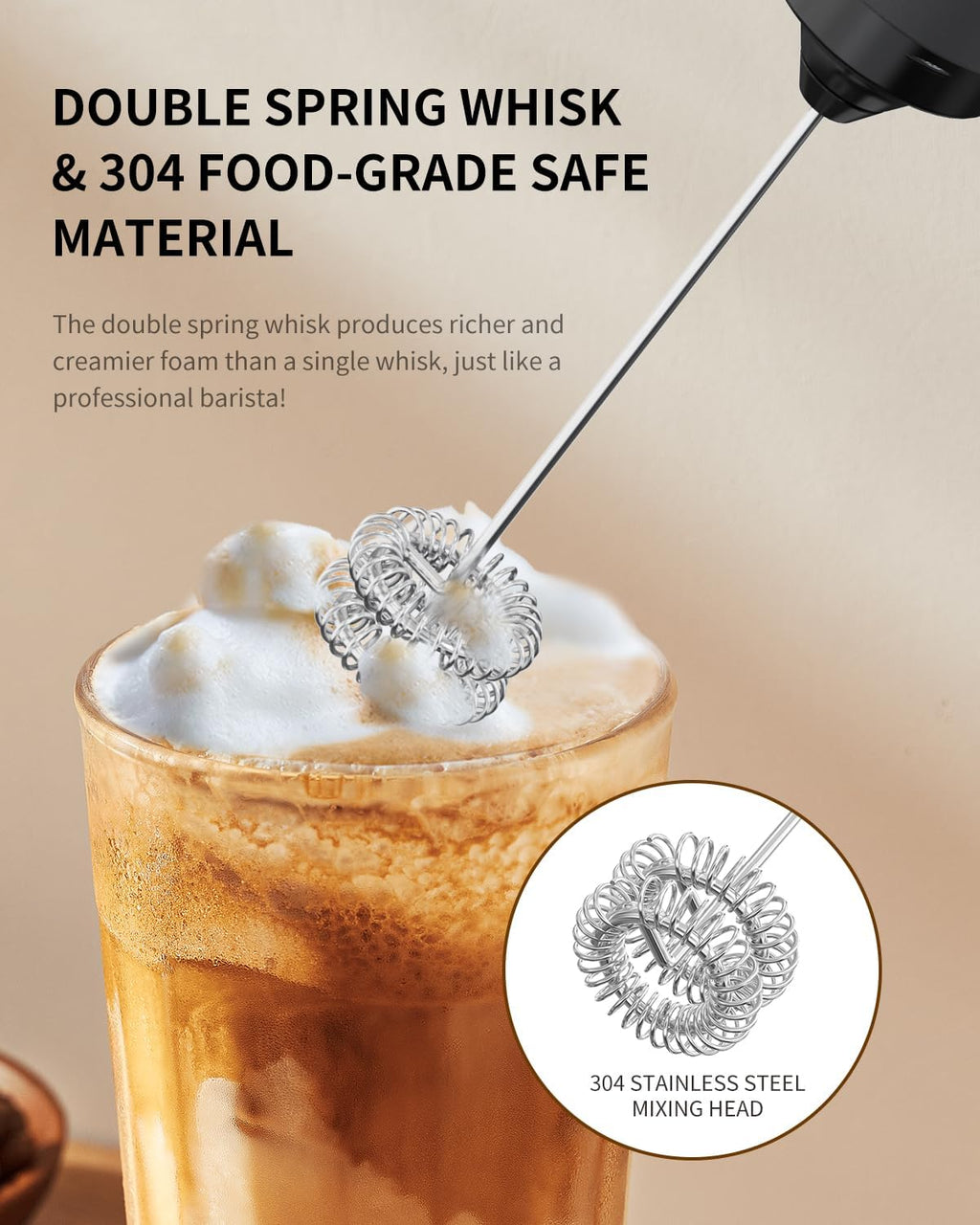 CIRCLE JOY Rechargeable Milk Frother Handheld, Dual Coil Whisk Head Electric Coffee Frother, Portable Hand Frother Wand Drink Mixer for Matcha Lattes Cappuccino, Kitchen Gifts, Black