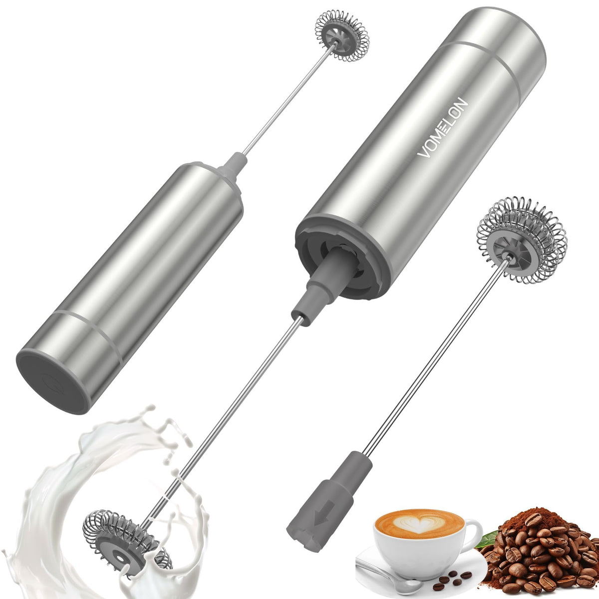 Milk Frother Handheld, Battery Operated Travel Coffee Frother Milk Foamer Drink Mixer with 2 Stainless Steel Whisks for Hot Chocolate, Batteries Included, Silver