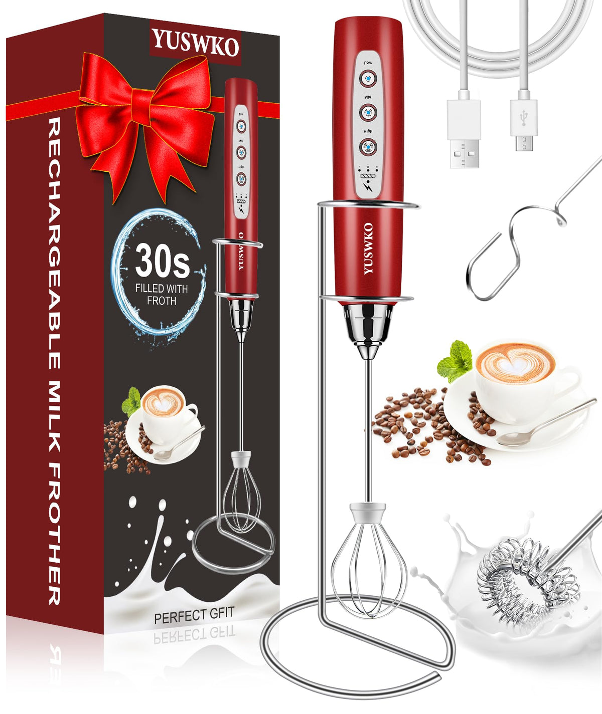 YUSWKO Handheld Milk Frother Wand for Coffee, Rechargeable Electric Whisk