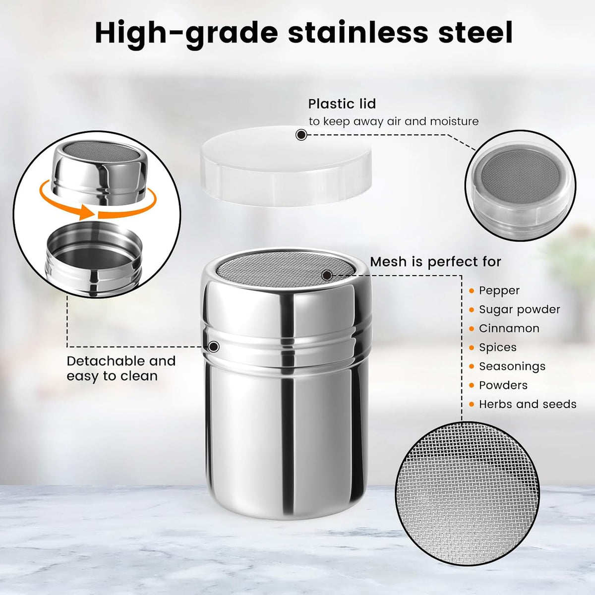 HANSGO Powdered Sugar Shaker Duster, 2PCS Stainless Steel Cinnamon Shaker for Coffee Bar, Fine Mesh Dredge, Salt and Pepper Shakers for Soda, Cocoa, Cornstarch, Seasoning, 6 Ounce, with Lid