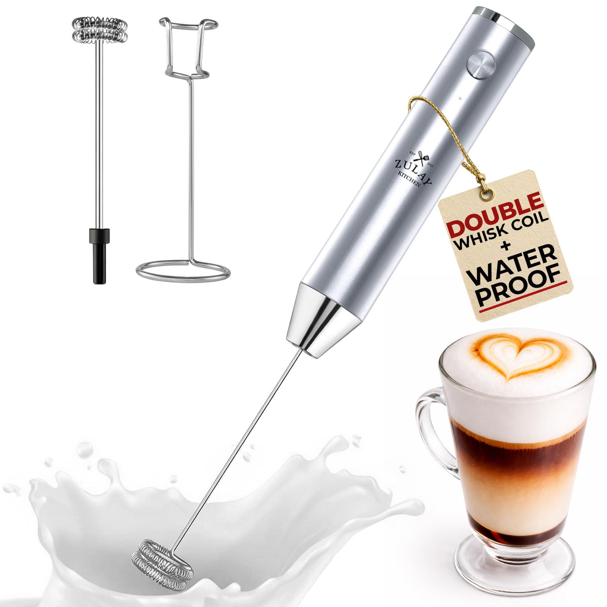 Zulay Kitchen Rechargeable Milk Frother Handheld - Frother Wand, Drink Mixer, Electric Whisk Frother, for Cappuccinos, Matcha & Protein Powder - Dynamic 3 Whisk, 3 Speed 500mAh Black