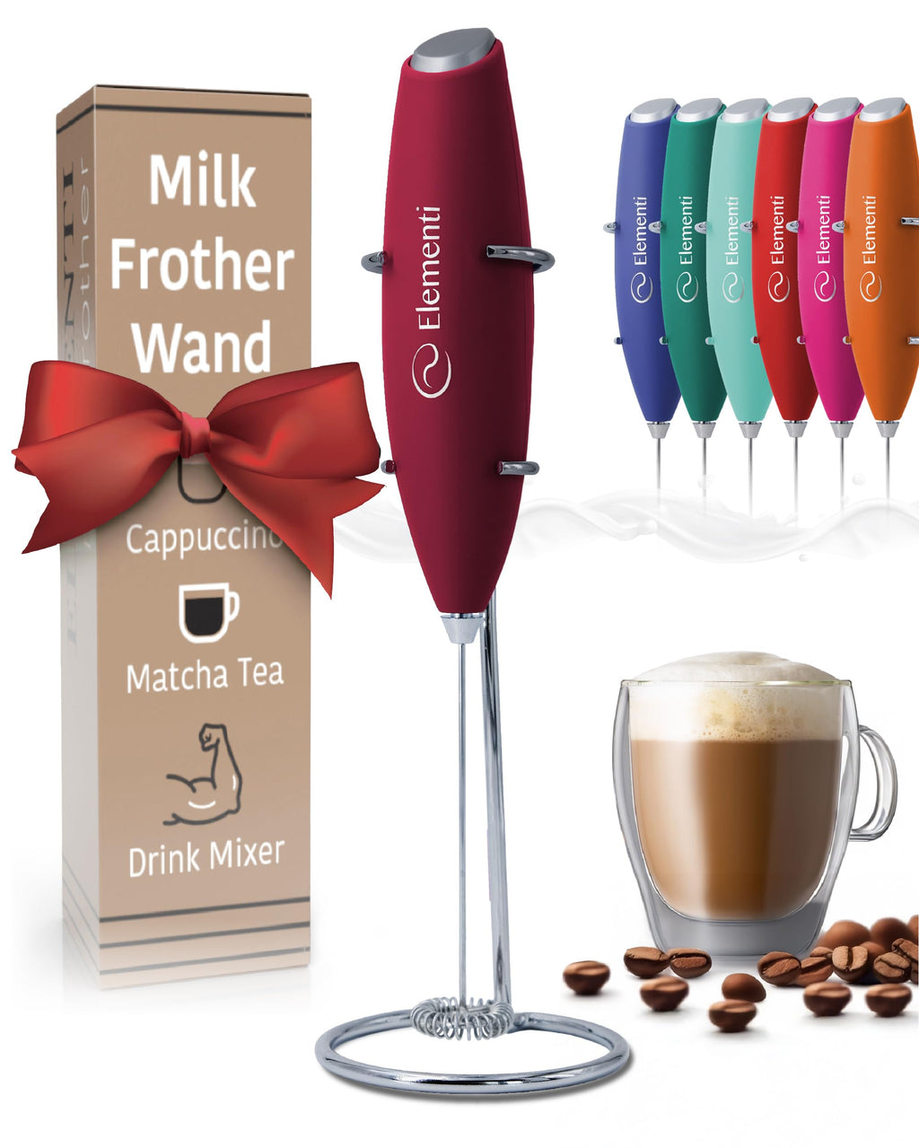 Milk Frother Wand & Electric Stirrer with Stand - Turbo Coffee & Milk Frother Handheld - Hand Held Coffee Mixer Wand & Cold Foam Maker for Frothy Cappuccinos, Lattes & Drink Mixes at Home (Black)