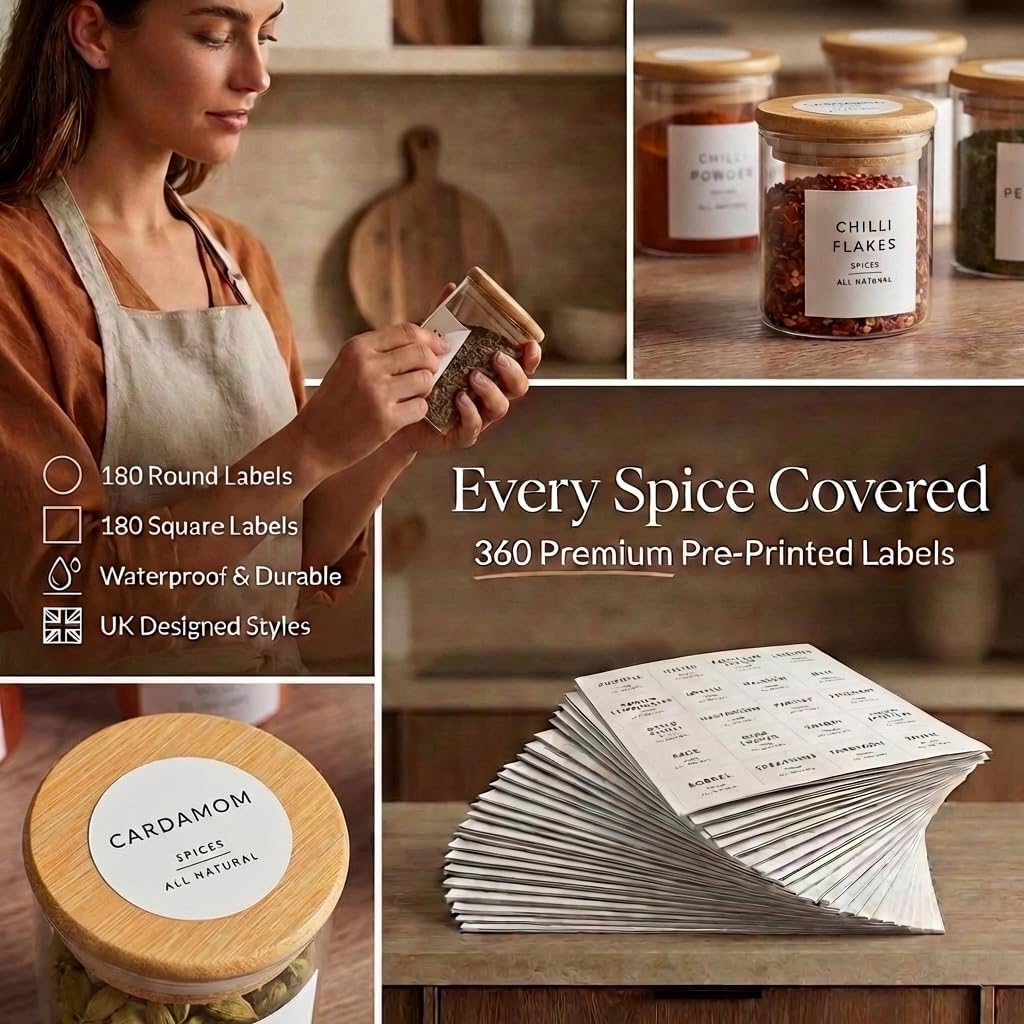 Glass Spice Jars with Labels-12 Pack- 6.8oz- 360 Labels- Spice Containers with Bamboo Lids -Spices Organization for Cabinet-Drawer-Rack-Seasoning containers-herbs- Organizer-Spices Bottles