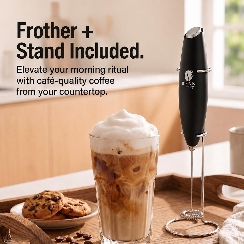Bean Envy Milk Frother Handheld - Coffee Mixer Wand with Stand - Black