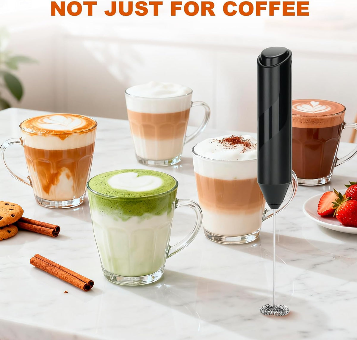 Handheld Milk Frother, Battery Operated Electric Foam Maker, Milk Frother Wand Drink Mixer with Stainless Steel Whisk for Coffee, Matcha, Lattes, Cappuccino (Black)