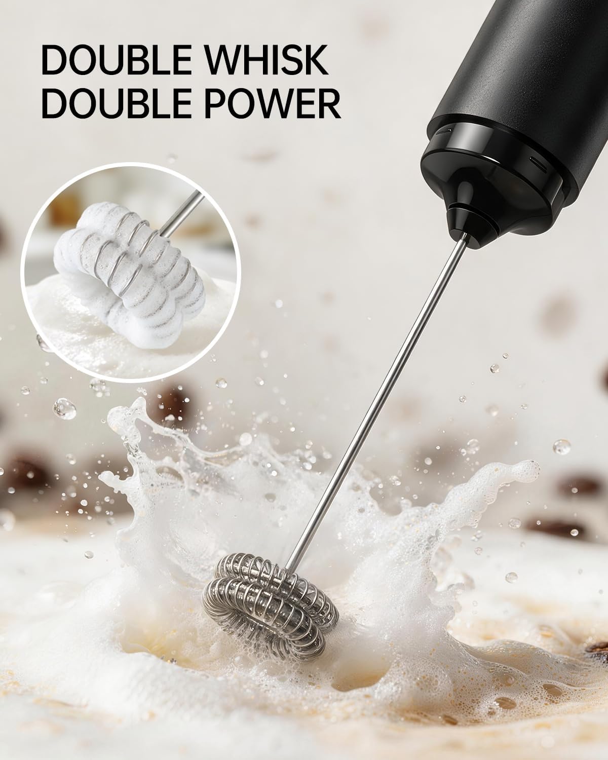 CIRCLE JOY Upgraded Rechargeable Milk Frother Handheld, Electric Drink Mixer with Silicone Charging Port Cover and Longer Dual Coil Whisk Head, Dishwasher Safe, for Lattes & More