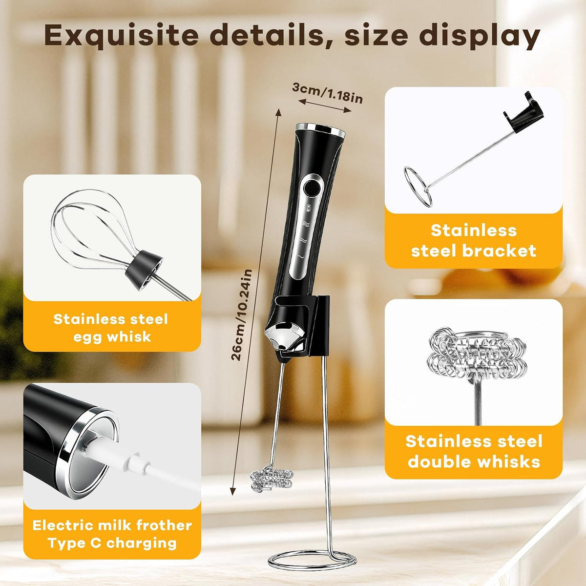 Milk Frother Handheld Rechargeable with Stand 3 Speed Frother Wand