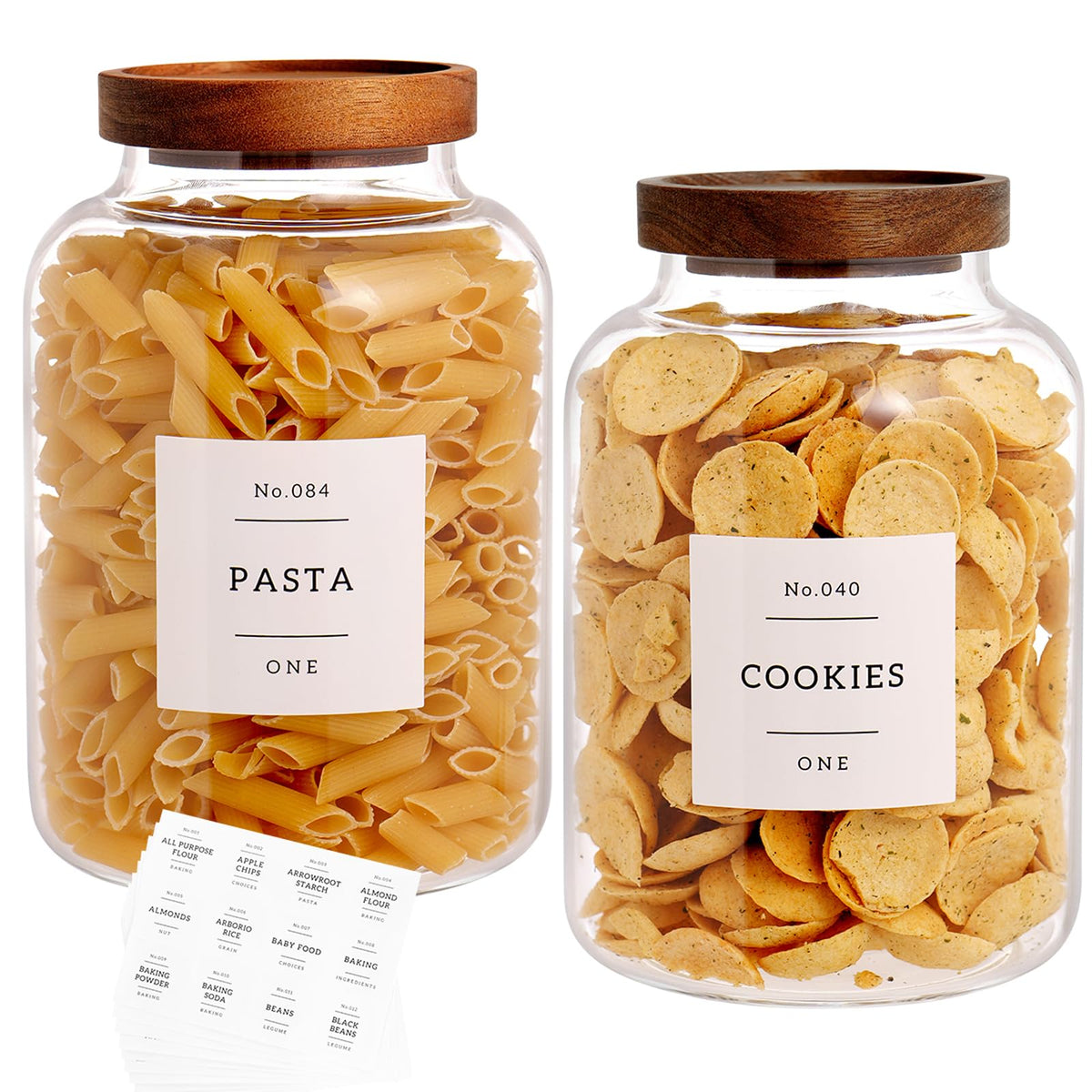 CZHQSMZ Set of 2 Large Glass Jar with Airtight Acacia Lid and 132 Kitchen Pantry Labels, Clear Glass Food Storage Jars Containers for Rice Flour Pasta Sugar Coffee Cookie and More(98 Fl Oz/2800 Ml)