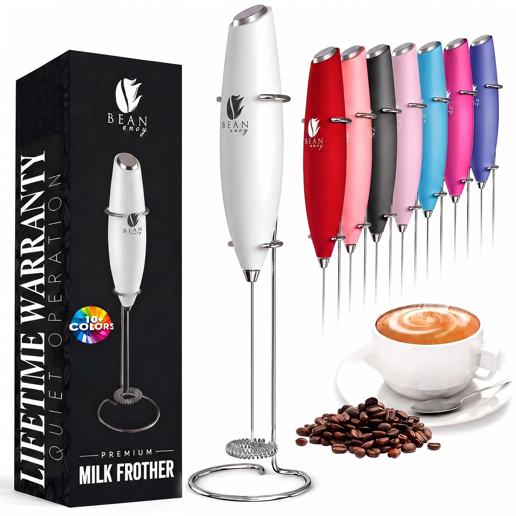 Bean Envy Milk Frother Handheld - Coffee Mixer Wand with Stand - Black