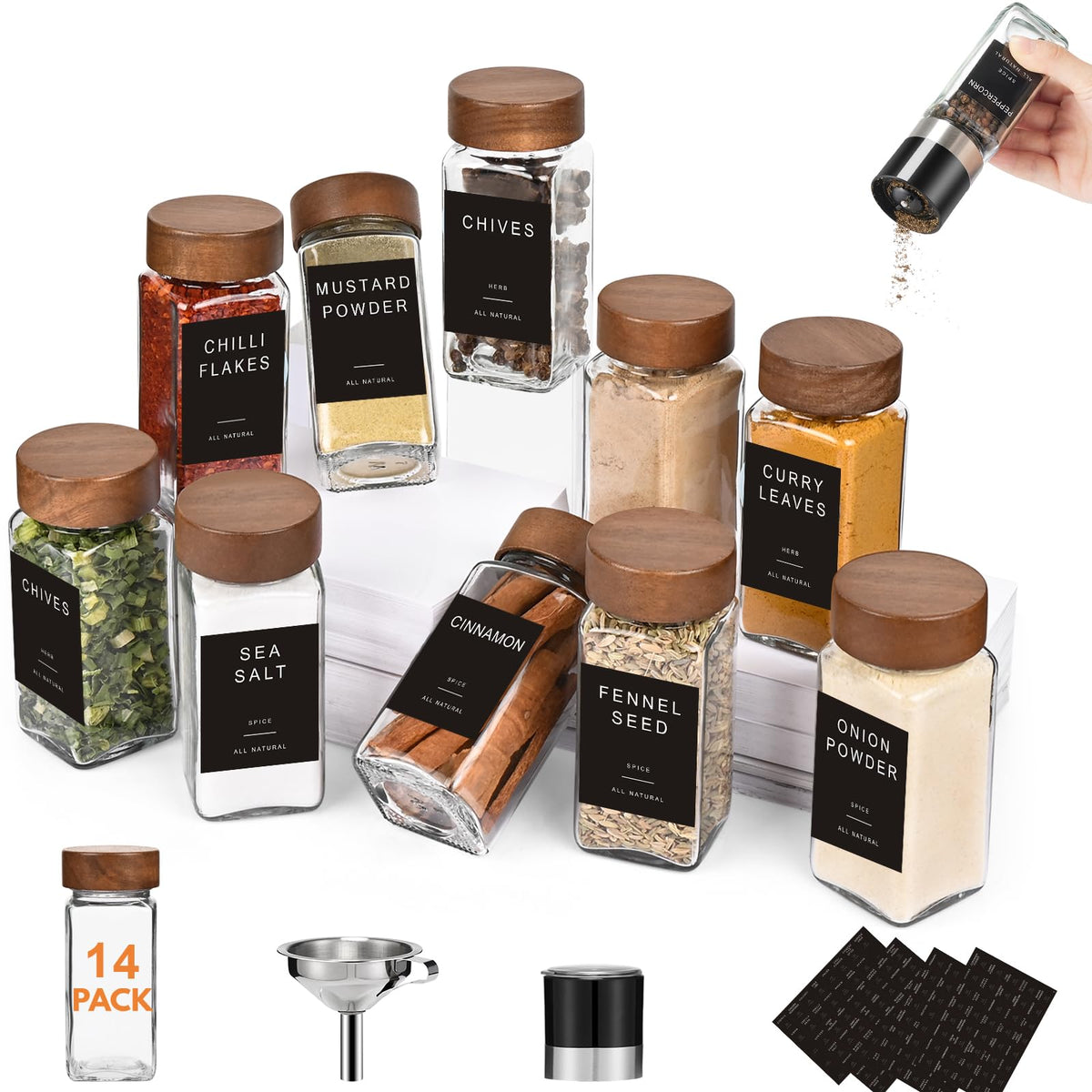 Yangbaga Glass Spice Jars with Labels, 24pcs 4oz Seasoning Organizer Jars