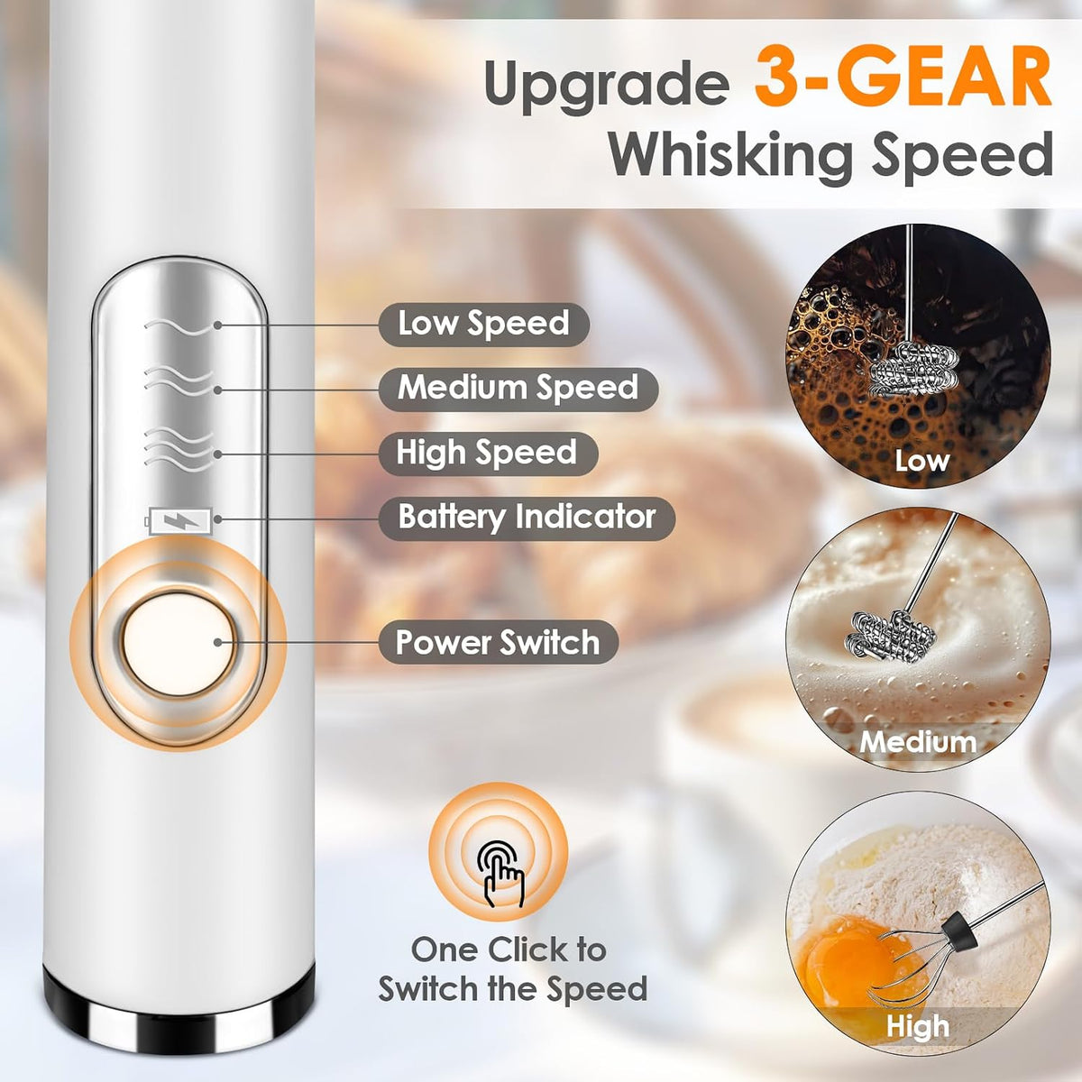 Milk Frother Handheld, Rechargeable Coffee Frother Wand, Drink Mixer, White