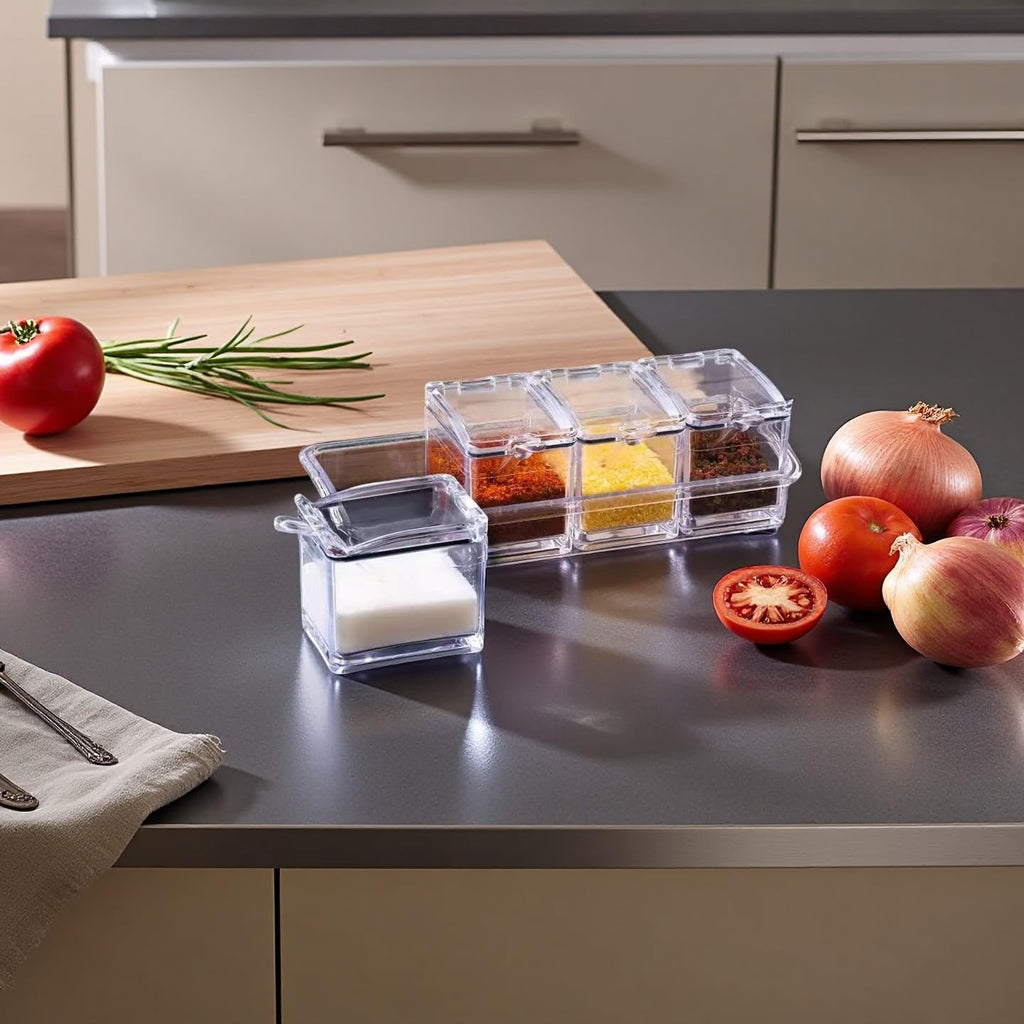 Clear Seasoning Box, 4 Pieces Acrylic Seasoning Rack Spice Jars with Spoons,Storage Container Condiment Jars - Cruet with Cover