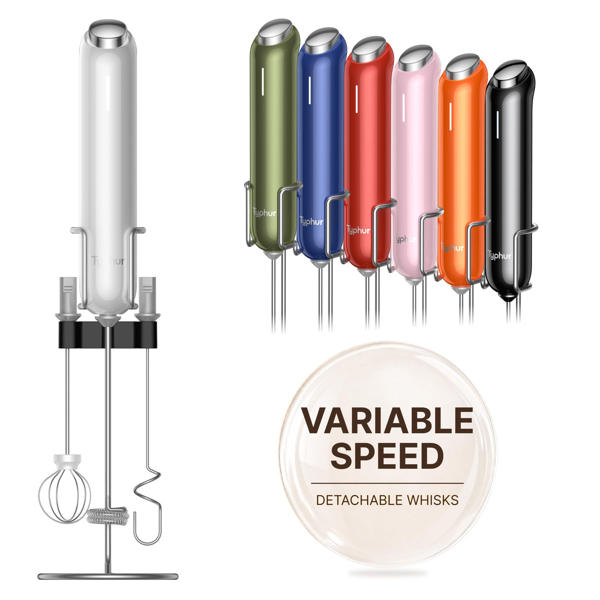 InstaWhisk Upgraded Milk Frother with Variable Speed - Rechargeable Handheld Coffee Frother Wand with Detachable Whisks, Electric Drink Mixer for Latte, Cappuccino, Matcha, Almond Milk, Protein, Black