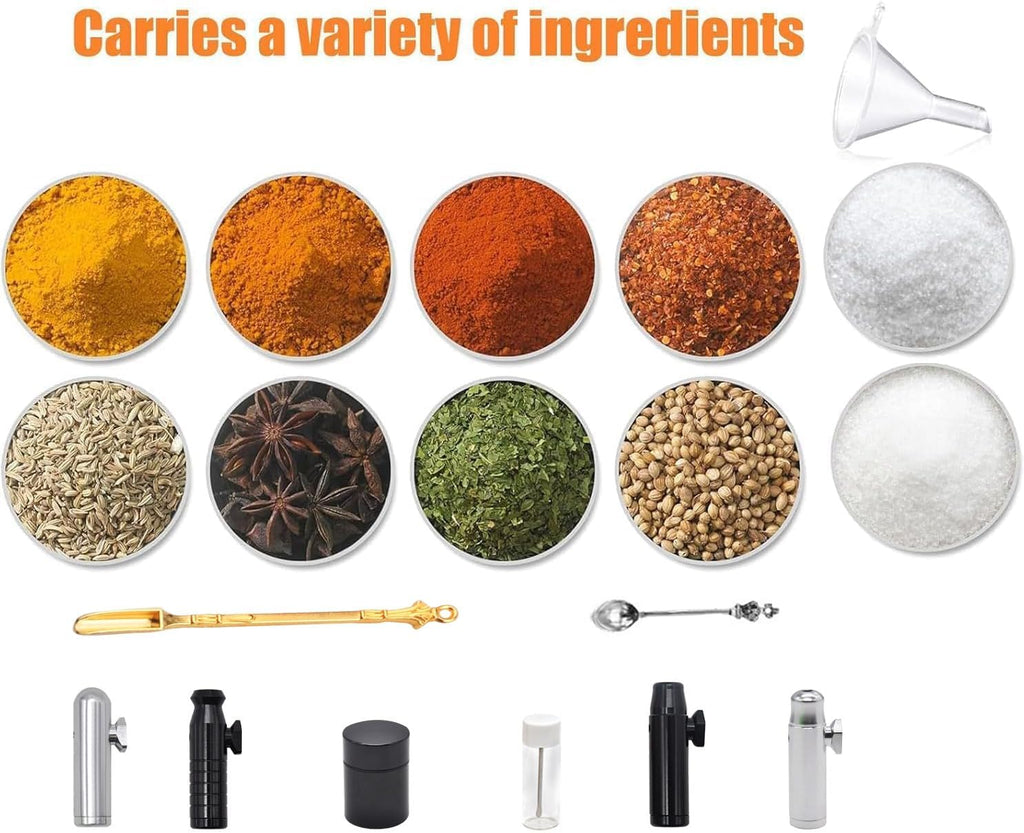 Kitchen Spice Dispenser Set with Storage Pouch (Silver & Black)