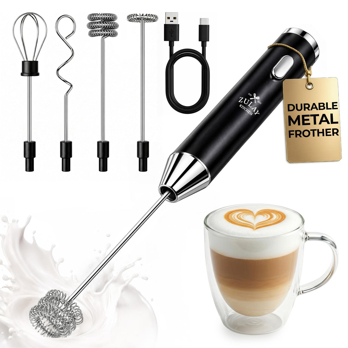 Zulay Kitchen Powerful Milk Frother Wand With Duracell Batteries - Ultra Fast Handheld Drink Mixer - Electric Whisk Foam Maker for Coffee, Lattes, Cappuccino & Matcha - Z1 Motor - Black