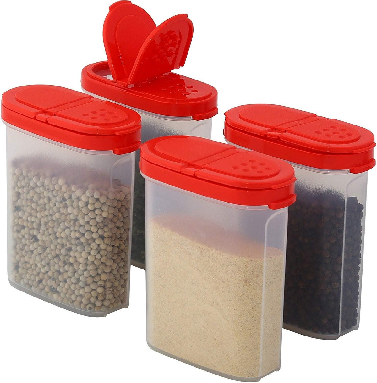 SIGNORA WARE Spice Jars with Lids - 4 oz Refillable Empty Airtight Spice/Seasoning Containers Set -2 in 1 Pour/Sift Shaker Lids Clear Plastic Spice/Seasoning Organizer Kitchen/Travel 4 pk.