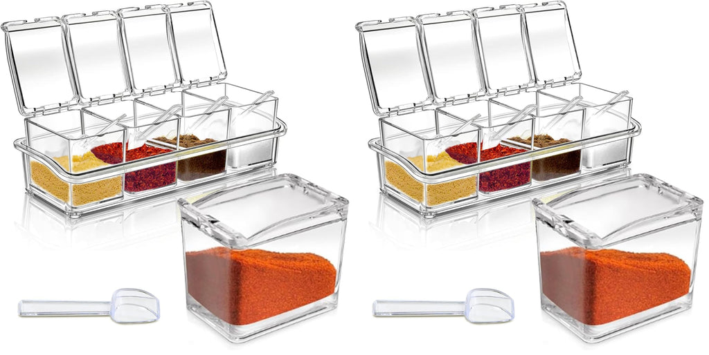 4-Cell Clear Seasoning Rack Spice Box Storage Container Condiment Jars Acrylic Seasoning Box with Cover and Spoon