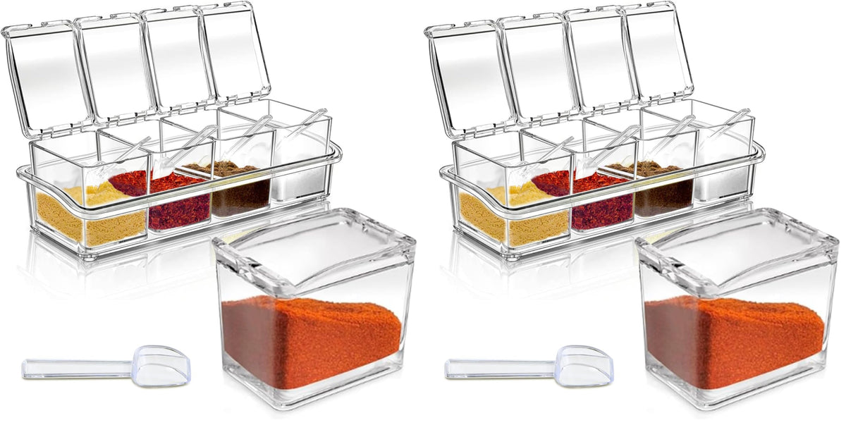 4-Cell Clear Seasoning Rack Spice Box Storage Container Condiment Jars Acrylic Seasoning Box with Cover and Spoon